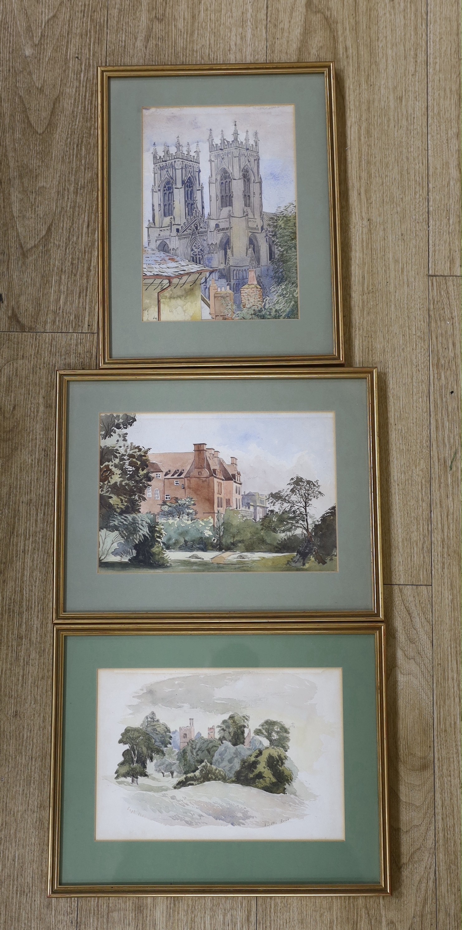 Victorian School, three watercolours, Houghton Ruins and View of a Country House and a View of a Cathedral, 17 x 25cm